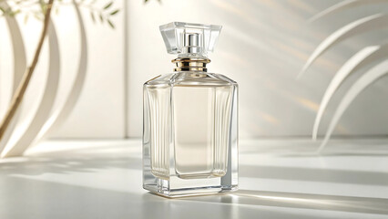 Elegant clear glass perfume bottle with crystal cap and soft light and shadow