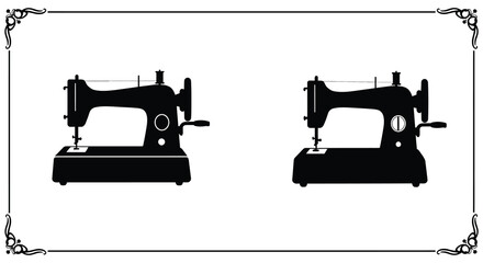 Two vintage sewing machines depicted in a black silhouette style