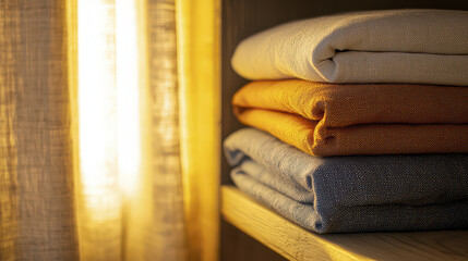Neatly stacked folded fabrics in warm colors, illuminated by soft sunlight, create cozy atmosphere
