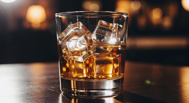 Close up of a glass filled with whiskey and ice cubes sitting on a dark wooden surface in soft lighting