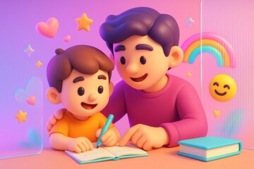 Fototapeta premium Father helping son with homework in colorful abstract background filled with light, stars, and happy smiling symbols. Ai generative. Ai generative