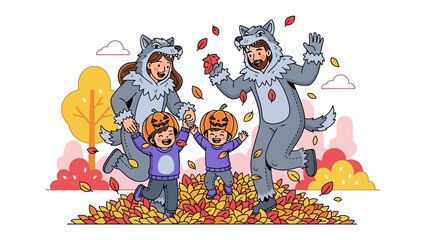 Family Fun: A heartwarming autumn scene, a family of four joyfully frolics in a pile of fallen leaves, embraced by the vibrant colors of the season.