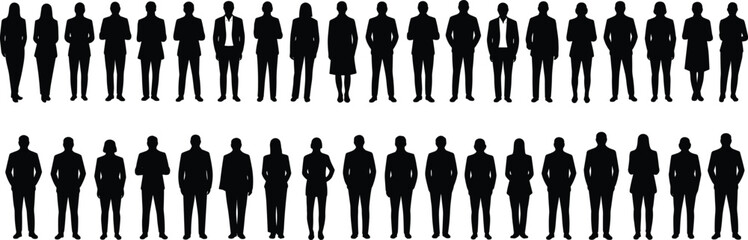 Business people silhouettes collection, diverse workforce illustration, corporate team icons, professional attire, organizational structure, workplace diversity, office staff design