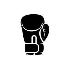 A simple black silhouette icon of a single boxing glove on a plain white background.