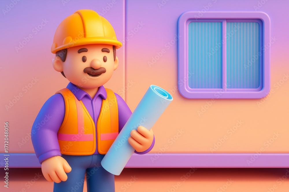 Aufkleber cartoon construction worker holding blueprint in front of a colorful wall with copyspace on gradient