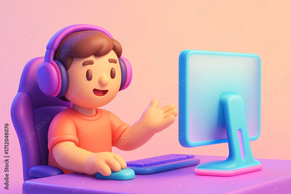 Poster cartoon character with headphones using a computer at desk on soft gradient background, perfect for 