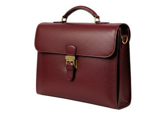 Isolated maroon leather briefcase with handle, buckled closure, and gold hardware on display
