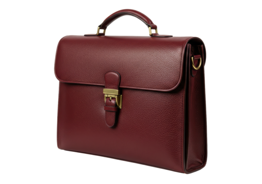 Isolated maroon leather briefcase with handle, buckled closure, and gold hardware on display
