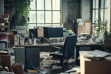 Generative AI depiction of messy interior workspace in abandoned scientific research laboratory with books and equipment