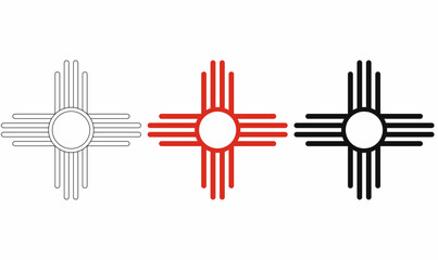 Zia sun symbol or native american indian sun icon set in black, red, and outline style. Geometric circular cross design with four lines, used for culture, tradition, logo, tattoo, and decoration.