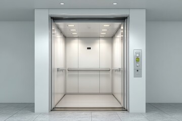 Modern elevator interior with sleek design, bright lighting, and minimalist features, showcasing a spacious environment for efficient vertical transportation