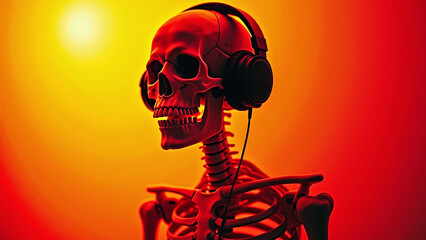 Skeleton basking in sonic warmth—headphones on, sunlit blaze behind, glowing in posthumous peace.
