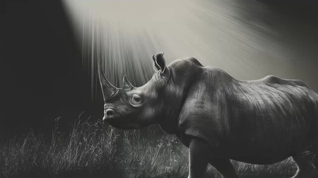 An image of rhino in the dark. Rhinoceros grazing on grass. A beautiful sunrise with a beautiful sunrise and powerful sunlight. A picture of a rhinoceros in the shadows lifestyle.