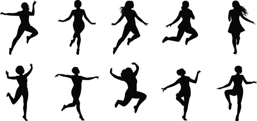 Dancing silhouettes collection, people jumping, energetic poses, human motion, performance art, dance activity, movement illustration, celebration, fitness, expressive body gesture