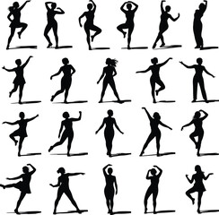 Obraz premium Dance silhouettes collection, expressive people poses, human motion illustration, performance art, celebration, fitness activity, choreography icons, dynamic movement design
