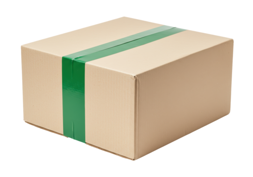 Isolated cardboard box with green packaging tape ready for shipping, delivery services