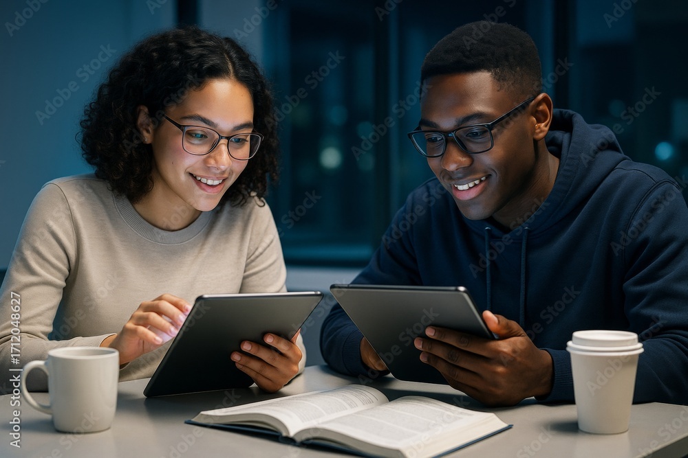 Poster two students studying together at night using tablets and books on a table with coffee cups, smiling