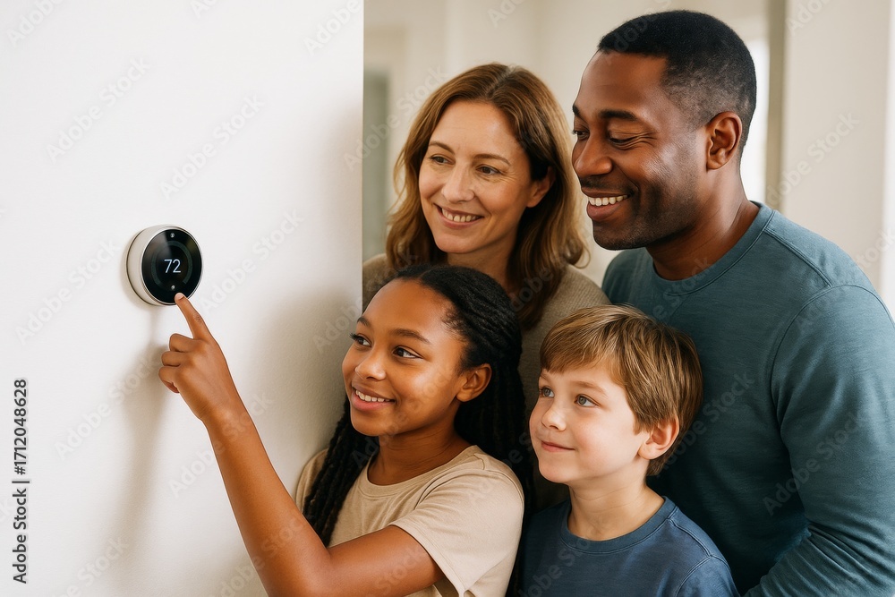 Poster happy family adjusting smart thermostat together in cozy home environment, smiling and enjoying ener
