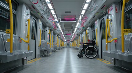 Empty subway train interior featuring a wheelchair positioned beside the accessible seating area, showcasing modern transportation design and accessibility features