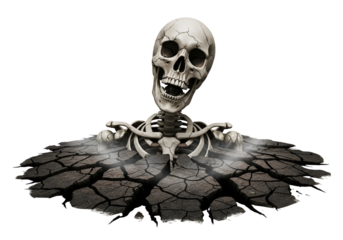 A grinning skeleton emerges from cracked, parched earth, highlighting a macabre, dark mood.