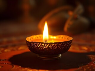 Intricate brass diya with floral engravings.