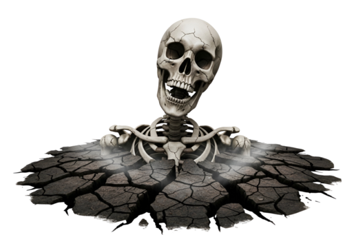 A grinning skeleton emerges from cracked, parched earth, highlighting a macabre, dark mood.
