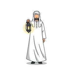 Cartoon illustration of an Arab man holding a glowing Ramadan lantern.