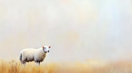 Serene sheep stands golden field, surrounded by soft grass and gentle, blurred background. peaceful atmosphere evokes