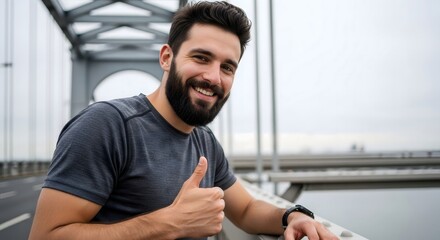 A smiling bearded man giving a thumbs up on a bridge with a gray shirt and a watch on his wrist