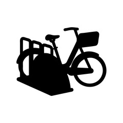 Silhouette of a bicycle parked in a rack, bike sharing concept