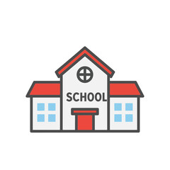 Simple school building icon with red roof and windows.