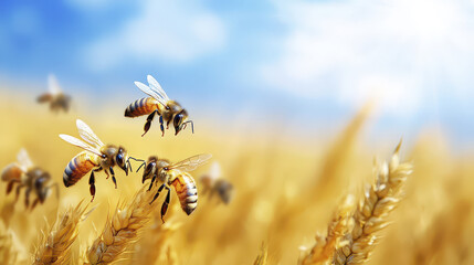 Bees flying over golden wheat field under bright blue sky, showcasing nature beauty and pollination process