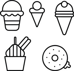 Five black and white outline icons of sweet treats and fast food dessert