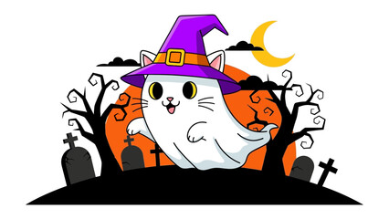 Spooky Halloween Cat: An adorable cartoon cat dressed as a ghost, wearing a purple witch hat, floating amidst a backdrop of spooky trees, tombstones, and a crescent moon.