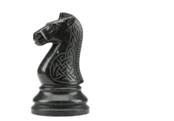 Isolated Black Chess Knight Piece Sculpture With Celtic Design for Gameplay, Strategy