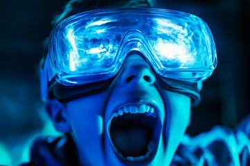 Small child experiencing futuristic VR world with neon fashion goggles in cyberpunk environment, Generative AI