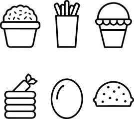 Six black line icons of fast food and treats on white background illustration graphic