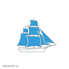 Vector illustration of a classic tall sailing ship with blue sails.