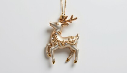 Fototapeta premium high resolution metallic holiday ornament shaped like a reindeer, featuring pearl white and champagne, displayed on seamless white background with minimal shadow.