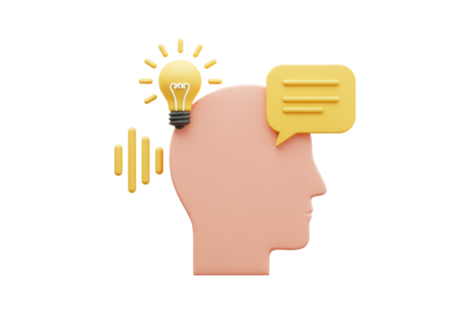 Isolated 3D human head profile with idea bulb and speech bubble, thought and communication
