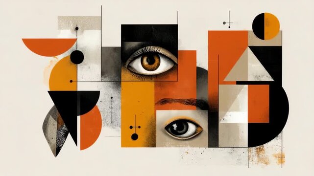 Surreal abstract artwork combining geometric shapes with realistic human eyes, in modern graphic style on a neutral background, symbolizing perception