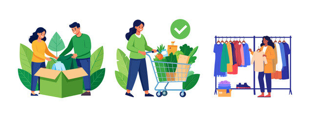 A variety of illustrations show people donating clothes, shopping for groceries, and organizing clothes.