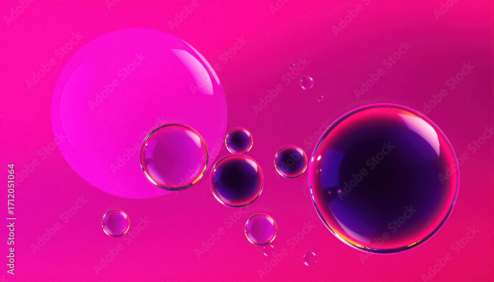 Poster vibrant pink and purple abstract spheres float in a dynamic luminous gradient background