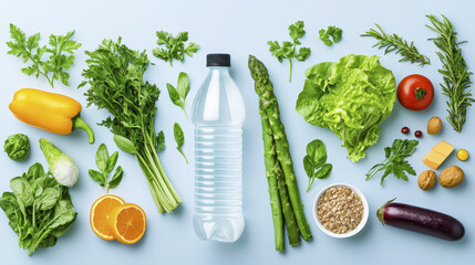 Fresh vegetables, herbs, and fruits arranged with bottle of water create vibrant display of healthy food options