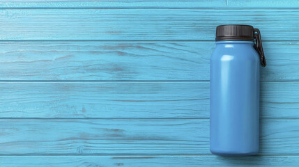 Blue stainless steel water bottle rests on vibrant blue wooden surface, showcasing modern and eco friendly design