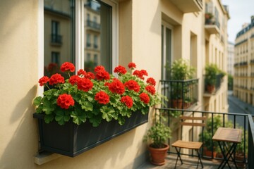 Bright red geranium flowers in window box on cozy apartment balcony with blurred city background in soft natural morning light. Ai generative
