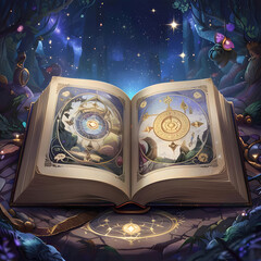 Magical open book with illustrations in enchanted forest at night  