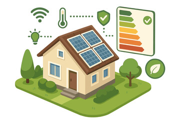 Energy-efficient smart home with solar panels and green technology. Isometric vector illustration of a sustainable house with energy performance certification and eco icons.