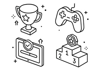 Gamification concept isometric icon set. Winner trophy, prize medal, competition podium, game controller and level up badge. User engagement and motivation outline vector.