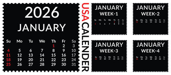 Monthly calendar layout for 2026 new year, Minimalist weekly calendar 2026, Minimalist January 2026 calendar, EPS 10